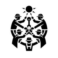 Collaborative Circle of Workers Unified Under a Symbolic Sun, Reaching for a Tool in a Geometric, Monochrome Illustration. vector