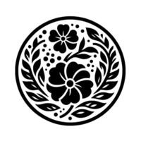 Minimalist Floral Medallion A symmetrical black and white of flowers, leaves, and dots, arranged in a circle. vector