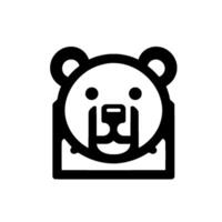 Stylized minimalist black and white bear illustration, featuring round head, small eyes, square body, and a geometric nose, set against white. vector