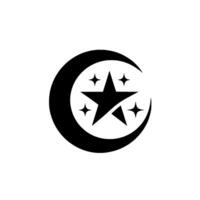 Black and White Celestial Emblem Crescent Moon Enclosing a Star with Four Small SparkleShaped Accents, on a Clean White Backdrop. vector