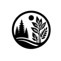 A minimalist, circular black and white featuring a stylized landscape with pine trees, a plant, a sun, and a rolling hill, representing natures elements. vector