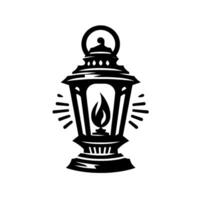 Ornate Black Lantern with a Lit Flame and Rays of Light Against a Bright White Background. vector