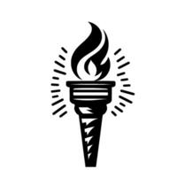 Black and white stylized torch with flames and emanating light, isolated on a white background, resembling a or emblem. vector