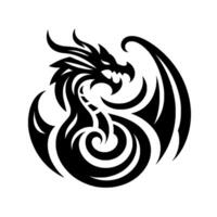 A stylized, circular black dragon silhouette on a white background, featuring intricate swirls and a fierce expression, designed for a or emblem. vector