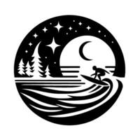 Black and White Circular Illustration of a Surfer Riding a Wave Under a Crescent Moon and Starry Sky, with Trees. vector