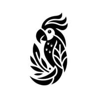 Striking Black White Geometric Parrot with Leaf Integration, Minimalist on White Background. vector