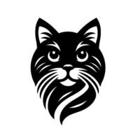 Stylized Black Cat Head Silhouette with Detailed Whiskers and Facial Features, Isolated on White Background. vector