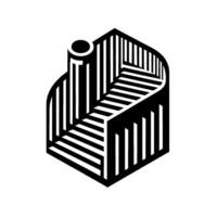 Isometric Black White Architectural Abstract, Featuring Striped Cube Form with Cylindrical Element, Geometric and Illusionary Perspective. vector