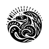 Black and white stylized snake coiled within a circular emblem, adorned with radial lines and a single leaf, evoking ancient symbolism. vector