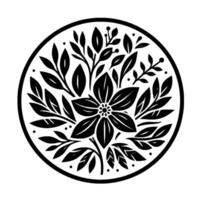 A striking, minimalist black and white botanical illustration of a flower and leaves, set within a circular frame, exuding elegance. vector