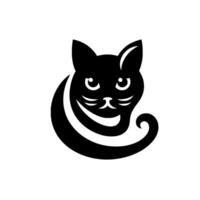 A stylized black cat with whimsical, curled body, and a friendly, smiling face, set against a stark white backdrop. vector