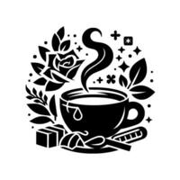 Elegant Black and White Illustration Steaming Cup of Tea, Rose, Sugar Cubes, Spoon, Leaves, and Decorative Celestial Elements. vector