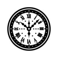 A black and white, digitally crafted clock face with Roman numerals and intricate hands. The is symmetrical and has a classic, minimalist aesthetic. vector