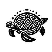 Bold Black and White Tribal Sea Turtle Illustration with Intricate Geometric Shell Pattern and Minimalist . vector