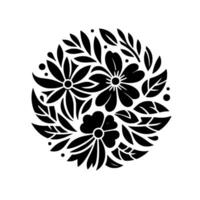 Black and white floral circle featuring stylized flowers and leaves, arranged in a symmetrical and decorative pattern, on a clean background. vector