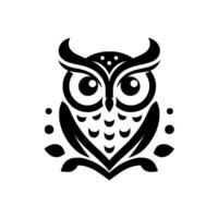 Stylized, symmetrical black and white owl illustration with a focus on bold lines, circular elements, and minimalist aesthetic. vector
