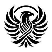 Bold Black Eagle Emblem Winged Bird in Flight Silhouette with Ornamental Feathers, Intense Gaze, and Circular Halo on White Background vector