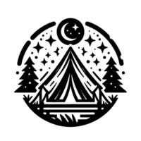 Black and white camping illustration featuring a tent under a crescent moon and stars, surrounded by trees, creating a circular composition. vector