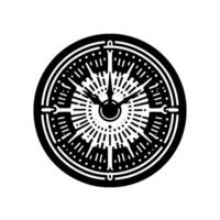 Stylized black and white illustration of an intricate circular resembling a clock face, radial patterns, and dotted outlines. vector