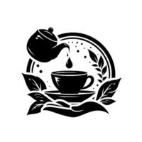 Monochromatic Tea Pouring Teapot Drip into Cup, Surrounded by Leaves and Arched Frame, Symbolizing Calm and Refreshment. vector