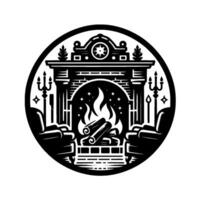 Ornate black and white circular illustration of a fireplace with burning logs, armchairs, and decorative elements, creating a cozy ambiance. vector