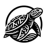 Black and White Polynesianinspired illustration of a sea turtle within a circular frame, featuring intricate tribal patterns and water details. vector