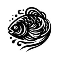 Bold Black and White Illustration of a Stylized Fish with Intricate Curved Lines, Bubbles, and a Playful . vector
