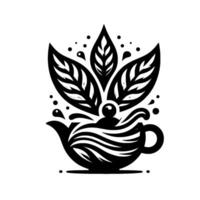 Elegant Monochrome Illustration Teapot Spilling Tea, Adorned with Decorative Leafy Sprig, Dots, and Waves. vector