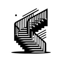 Stylized Black and White Architectural Illustration of a Dramatic, Winding Staircase with Railing and Shadow Against White Background. vector