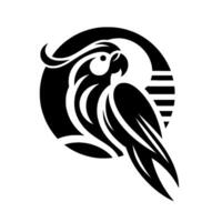 Elegant Black and White Parrot with Crest, Beak, and Detailed Feather Abstraction Enclosed in a Geometric Circle Frame. vector