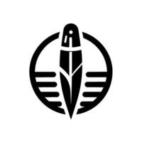 Circular, minimalist black featuring a central, stylized featherlike shape encompassed by a ring and horizontal bars. vector