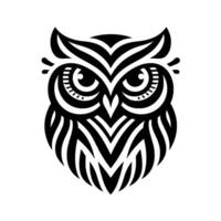 Intricate Black and White Owl Illustration with Geometric, Striped Patterns and Focus on Intense Eyes vector