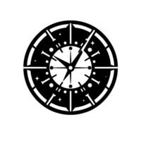 Stylized Black and White Clock with Compass Rose Elements, Stars and Geometric, Modern Composition. vector