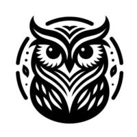 Stylized Black and White Owl Illustration in Circular Frame, Featuring Intricate Patterns and Geometric Elements. vector