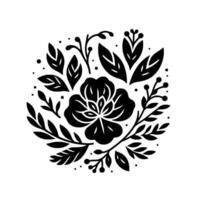 Intricate Black White Floral Emblem Central Flower with Leaves, Berries, and Branches in Symmetrical Composition on White Background. vector