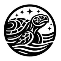 Black and white tribalstyle illustration of a sea turtle swimming in the ocean beneath starry sky, enclosed in a circle. vector