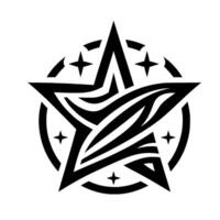 Abstract Black Star Tattoo Centered within a Circle, Surrounded by Small Stars, Minimalist Style on White Background. vector