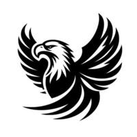 A striking black and white illustration of an eagle in midflight, wings outstretched against a clean white background, exuding power. vector