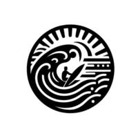 Black and White Circle Composition Featuring a Surfer Riding a Wave Beneath a Stylized Sun , Isolated on White Background. vector