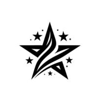 Black and White Star with Tribal Flame Elements and Surrounding Smaller Stars, Modern and Abstract vector