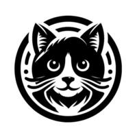 A stylized, minimalist black and white illustration of a smiling cats face, contained within a circular with decorative elements. vector