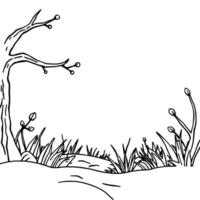 A whimsical black and white illustration depicts a simple landscape with a stylized tree, grass, and buds, evoking a minimalistic, serene atmosphere. vector