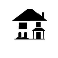 Simplified Black and White Illustration of a TwoStory House with Dormer, Porch, Balcony, and Chimney on White Background. vector