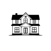Clean Illustration of a Classic TwoStory House Featuring a Porch, Windows, and Chimney in a Black and White Minimalist Style. vector