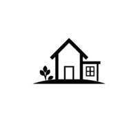Minimalist Black White House , Featuring Basic Roof, Door, Window, and a Small Bush on a Simple Hill, Set on White. vector