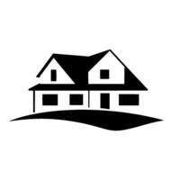 Simple monochrome house illustration with a twostory structure, dormers, windows, a door, set on a stylized hill against a white background. vector