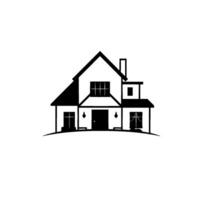Black and White Silhouette of a Classic TwoStory House with Gable Roof, Chimney, and Simple Windows on a White Background. vector