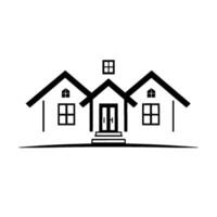 Minimalist Black and White House A symmetrical illustration of a stylized home with gabled roofs, windows, and a central door on a clean white background. vector