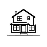 Black and White Line Art Illustration of a TwoStory House with a Porch, Windows, and a Chimney on a Solid White Background vector
