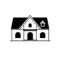 A symmetrical black and white illustration of a charming cottage, featuring arched windows, a central door, and a gable roof with a dormer window, set against a clean white backdrop. vector